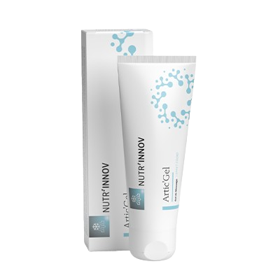 Flacon d'Artic Gel avec application en gel transparent, utilisé pour soulager douleurs articulaires et musculaires.