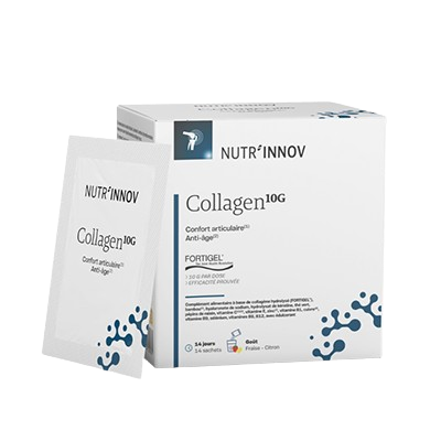 Pot de Collagen 10G avec poudre blanche, illustration de peptides, mettant en avant la santé de la peau et la beauté naturelle.