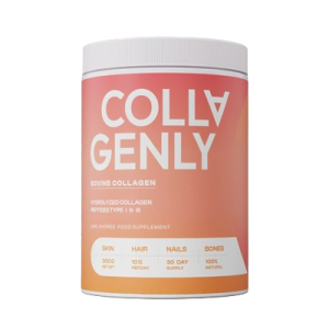 Pot de Collagenly Bovine avec capsules, close-up du produit mettant en valeur l’étiquette et la texture des capsules.