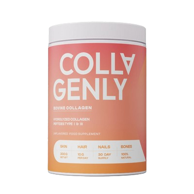 Pot de Collagenly Bovine avec capsules, close-up du produit mettant en valeur l’étiquette et la texture des capsules.