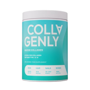 Flacon de Collagenly Marine contenant des capsules, avec un fond naturel évoquant la mer et la jeunesse de la peau.