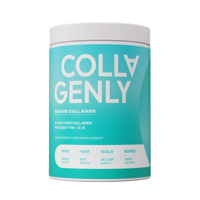 Flacon de Collagenly Marine contenant des capsules, avec un fond naturel évoquant la mer et la jeunesse de la peau.