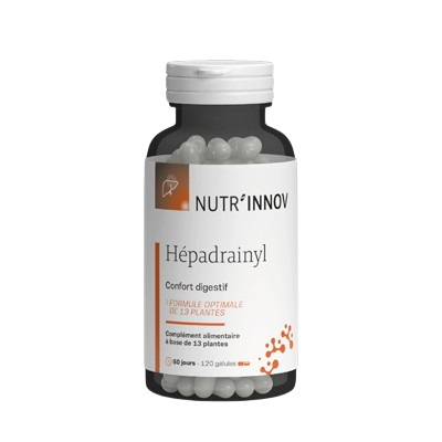 Flacon de Hepadrainyl, solution drainante pour le foie, favorise la détoxification et la minceur, avec des ingrédients naturels.