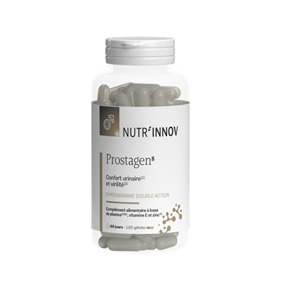 Sachet de Prostagen8, complément naturel pour la santé prostatique, avec des plantes et des nutriments essentiels.