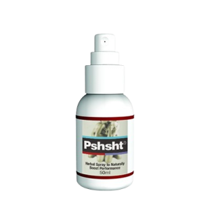 Flacon de Pshsht, complément alimentaire pour booster les performances sexuelles masculines, avec capsules noires et étiquette bleue.