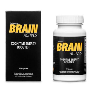Complément alimentaire Brain Actives, boîte avec capsules, ingrédients naturels pour renforcer mémoire, concentration et vigilance.