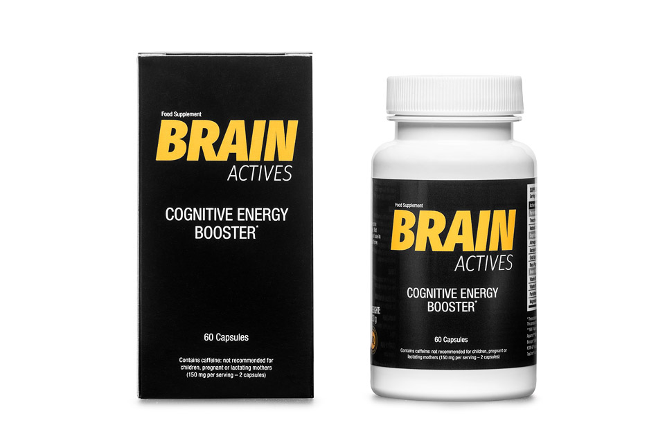 Complément alimentaire Brain Actives, boîte avec capsules, ingrédients naturels pour renforcer mémoire, concentration et vigilance.