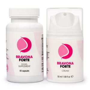 Image de la boîte et du flacon de Bravona Forte, pack pour augmenter la taille et améliorer la forme des seins avec produits naturels.