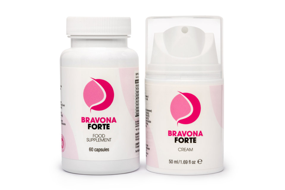 Image de la boîte et du flacon de Bravona Forte, pack pour augmenter la taille et améliorer la forme des seins avec produits naturels.