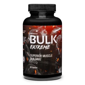Supposito di immagine: Flacon de Bulk Extreme avec ingrédients naturels, destiné à améliorer la masse musculaire, la performance et la testostérone.