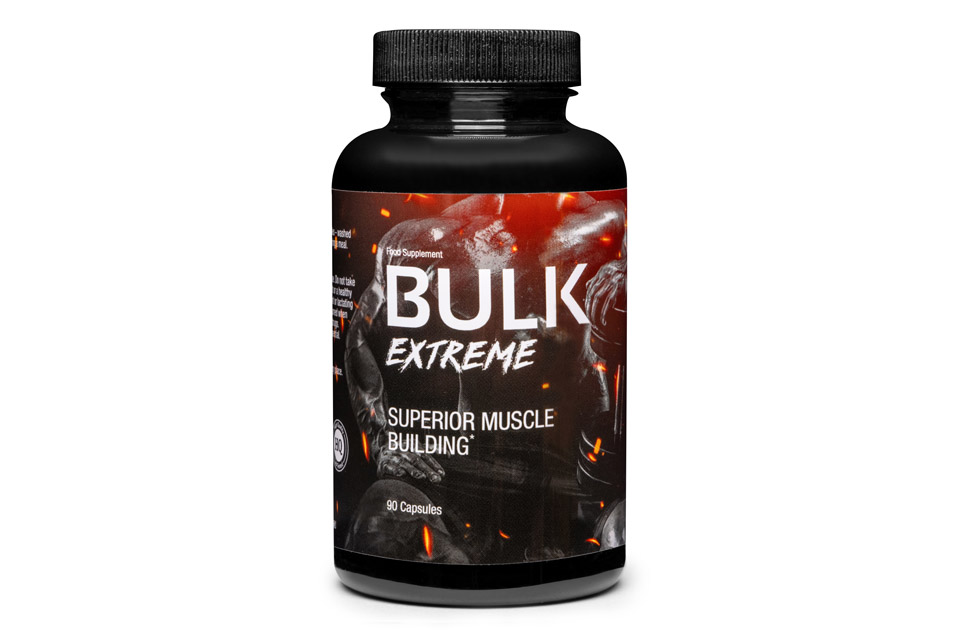 Supposito di immagine: Flacon de Bulk Extreme avec ingrédients naturels, destiné à améliorer la masse musculaire, la performance et la testostérone.