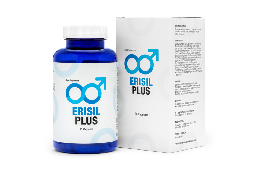 Gélules Erisil Plus pour hommes actifs, contenant des extraits naturels, vitamines et minéraux pour soutenir la sexualité et la fertilité.