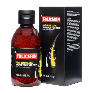 Bouteille de Folicerin, shampooing anti-chute pour hommes, avec texture fluide et design moderne, destiné à renforcer et épaissir les cheveux.