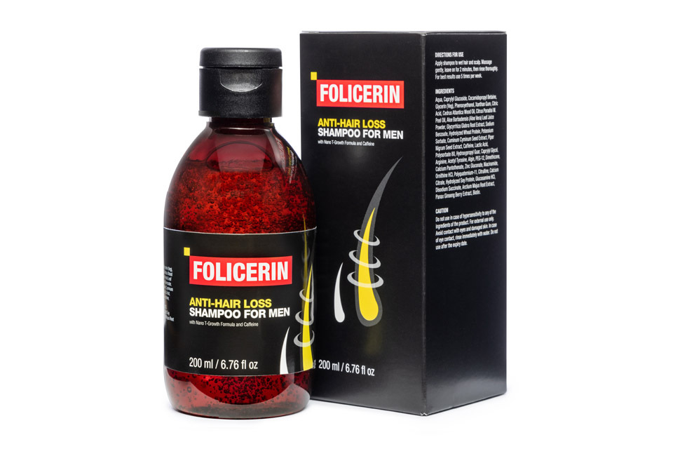 Bouteille de Folicerin, shampooing anti-chute pour hommes, avec texture fluide et design moderne, destiné à renforcer et épaissir les cheveux.