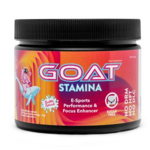 Boîte de GOAT Stamina, complément alimentaire pour joueurs, avec ingrédients naturels, sans sucre, favorise concentration et énergie durable.
