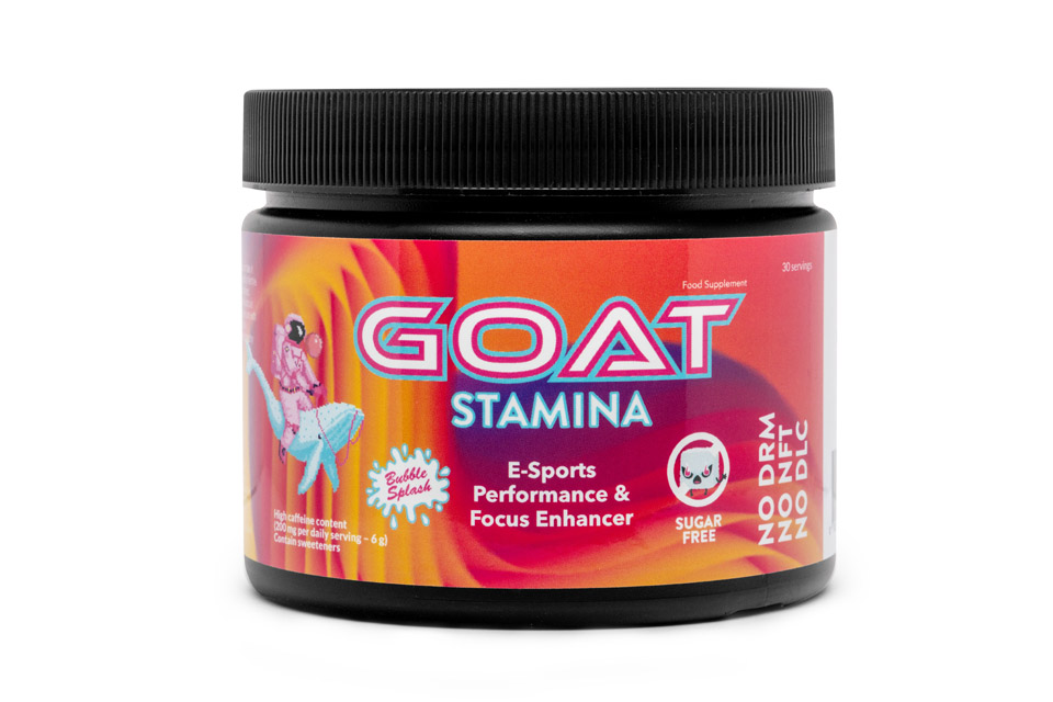 Boîte de GOAT Stamina, complément alimentaire pour joueurs, avec ingrédients naturels, sans sucre, favorise concentration et énergie durable.