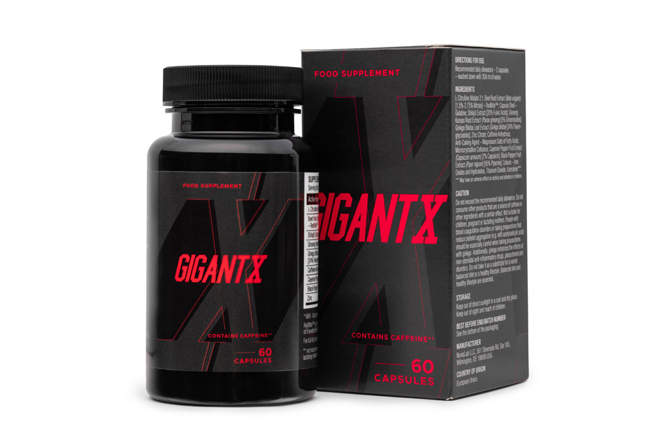 Boîte de GigantX, complément alimentaire naturel pour augmenter la taille du pénis et améliorer la performance sexuelle.