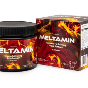 Flacon de Meltamin avec comprimés blancs, logo clair, sur fond neutre, illustrant le complément vitaminé pour la santé.