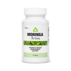 Photo du complément Moringa Actives : capsule verte bio, avec feuilles de moringa fraîches en arrière-plan, illustration de santé naturelle.