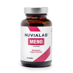Capsule de NuviaLab Meno, complément pour femmes ménopausées, avec 9 ingrédients naturels, favorise bien-être, sommeil et équilibre hormonal.