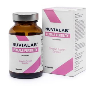 Complément alimentaire NuviaLab Female Fertility : boîte avec capsules, ingrédients naturels, vitamines, minéraux pour la fertilité féminine.