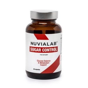 Boîte de NuviaLab Sugar Control avec capsules, ingrédients naturels, vitamines et minéraux pour réguler la glycémie et réduire l’appétit.