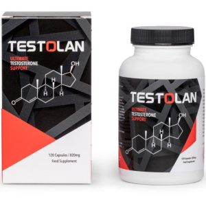 Flacon de Testolan avec capsules naturelles, destiné à réguler la testostérone et améliorer la vitalité masculine.