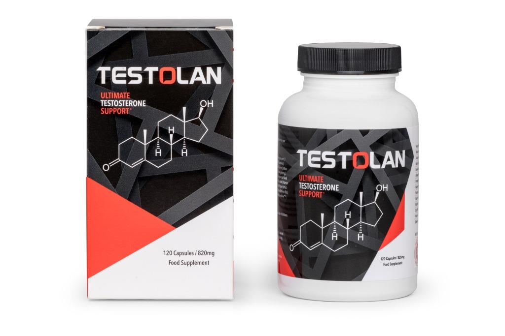 Flacon de Testolan avec capsules naturelles, destiné à réguler la testostérone et améliorer la vitalité masculine.