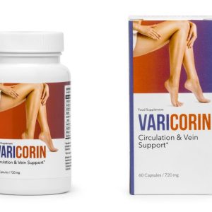 Vignette de Varicorin : boîte de compléments alimentaires avec capsules, entourée de feuilles de vigne, pour améliorer la circulation sanguine et réduire les jambes lourdes.