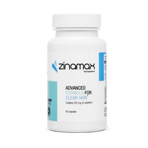 Boîte de Zinamax avec capsules, entourée de plantes, évoquant ses ingrédients naturels et ses bienfaits anti-acné, pour une peau saine.