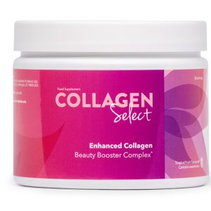 Boîte de Collagen Select avec saveur tropicale, contenant 9 ingrédients pour une peau ferme, saine et éclatante.