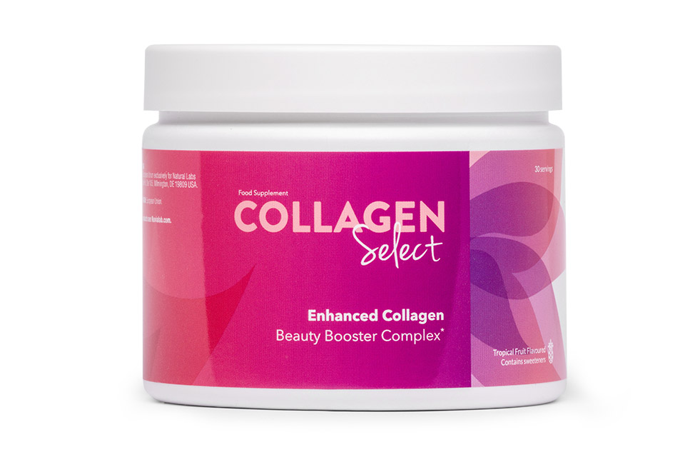 Boîte de Collagen Select avec saveur tropicale, contenant 9 ingrédients pour une peau ferme, saine et éclatante.