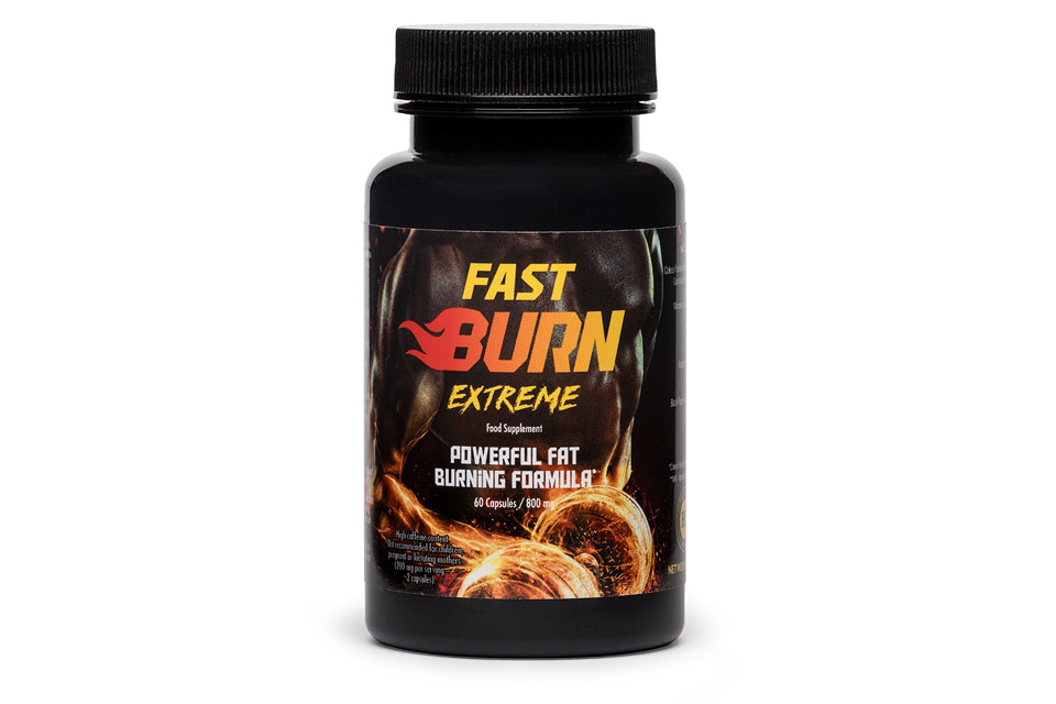 Image de la boîte de Fast Burn Extreme, complément brûle-graisses naturel avec capsules, destiné à favoriser la perte de poids.