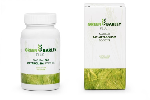 Verre de Green Barley Plus en poudre avec une cuillère, entouré de feuilles d’orge vertes, symbole de vitalité et de santé naturelle.