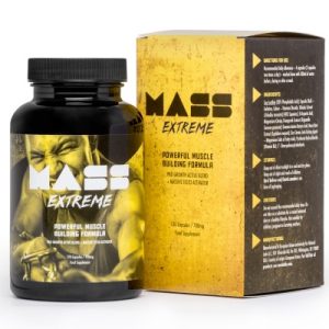 Image montrant le packaging de Mass Extreme, complément pour la prise de masse musculaire rapide, avec formule Pro Growth Active et Massive Testo Activator.