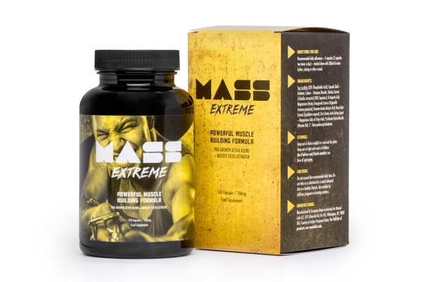 Image montrant le packaging de Mass Extreme, complément pour la prise de masse musculaire rapide, avec formule Pro Growth Active et Massive Testo Activator.