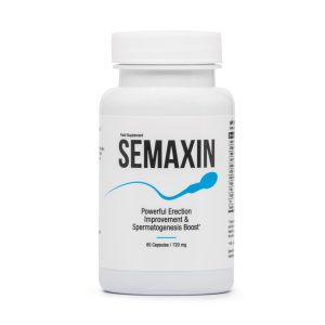 Image de Semaxin : boîte du complément alimentaire avec capsules, ingrédients naturels, symbole de fertilité et de vitalité masculine.