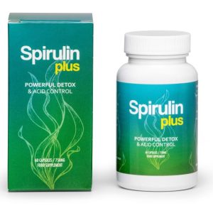 Image montrant des comprimés de Spirulin Plus à base de spiruline, avec des feuilles vertes fraîches, symbolisant la purification et la santé.