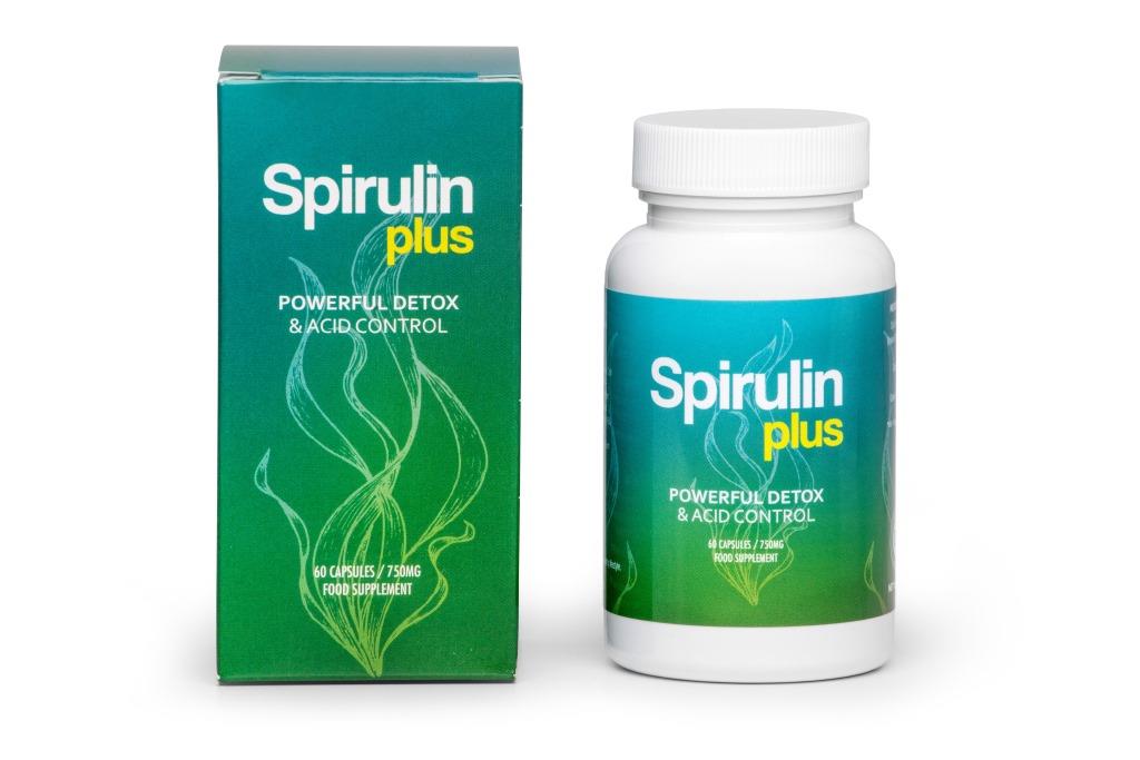 Image montrant des comprimés de Spirulin Plus à base de spiruline, avec des feuilles vertes fraîches, symbolisant la purification et la santé.