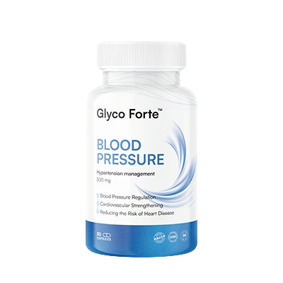 Capsules Blood Pressure Glyco Forte pour hypertension, boîte blanche et verte avec flacon transparent contenant des capsules.
