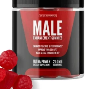 Boîte d’ErectoninMD Male Enhancement H avec gummies rouges en forme de goutte pour booster les performances sexuelles masculines.
