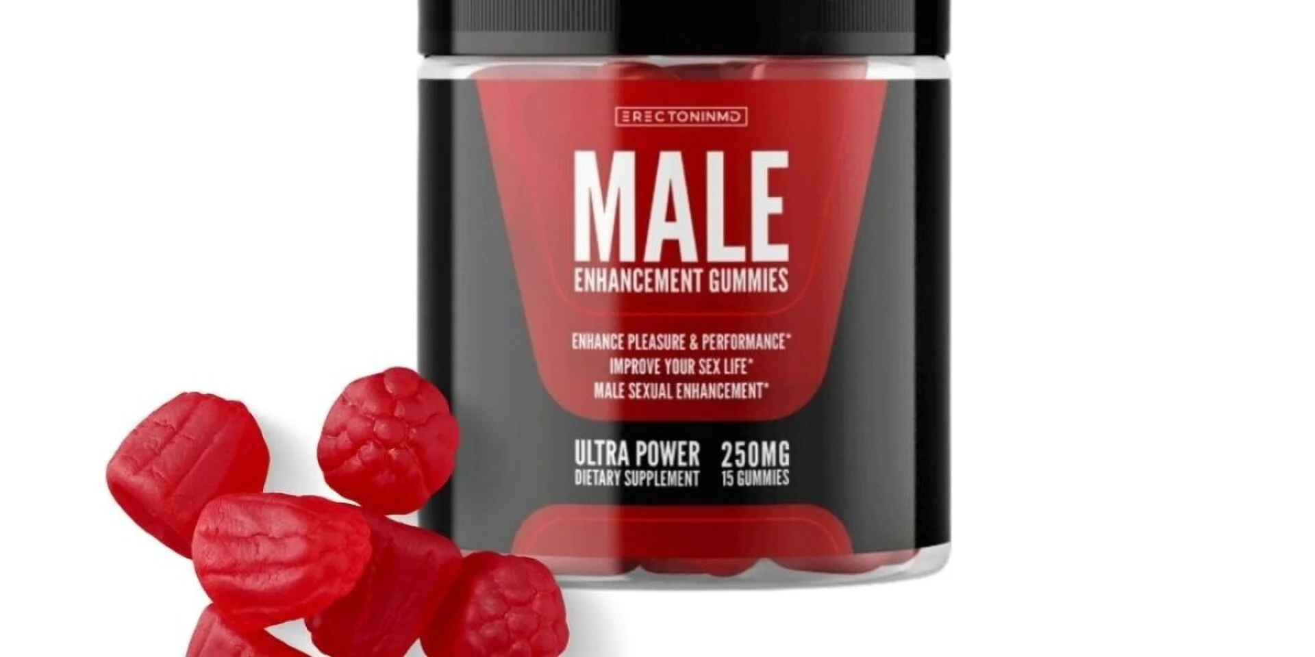 Boîte d’ErectoninMD Male Enhancement H avec gummies rouges en forme de goutte pour booster les performances sexuelles masculines.